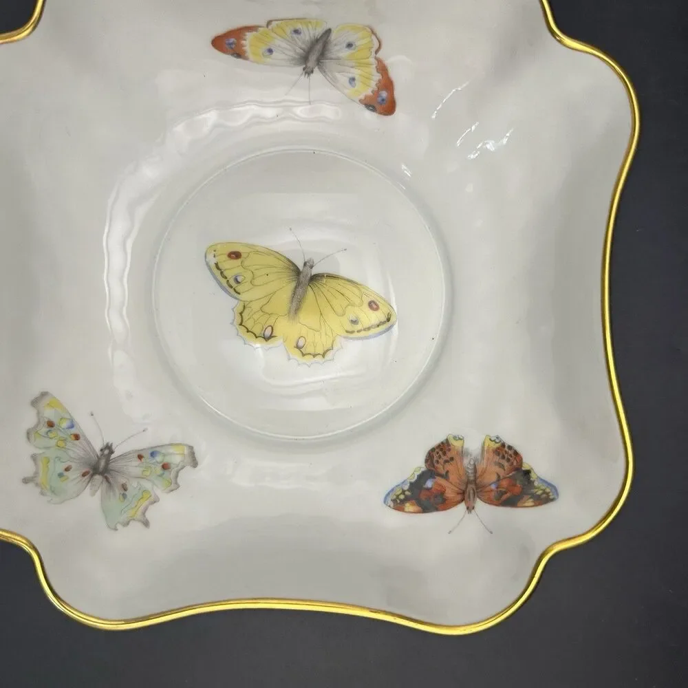 Antique L Bernardaud Limoges Butterfly Porcelain Bowls Pair Gold Gilt France